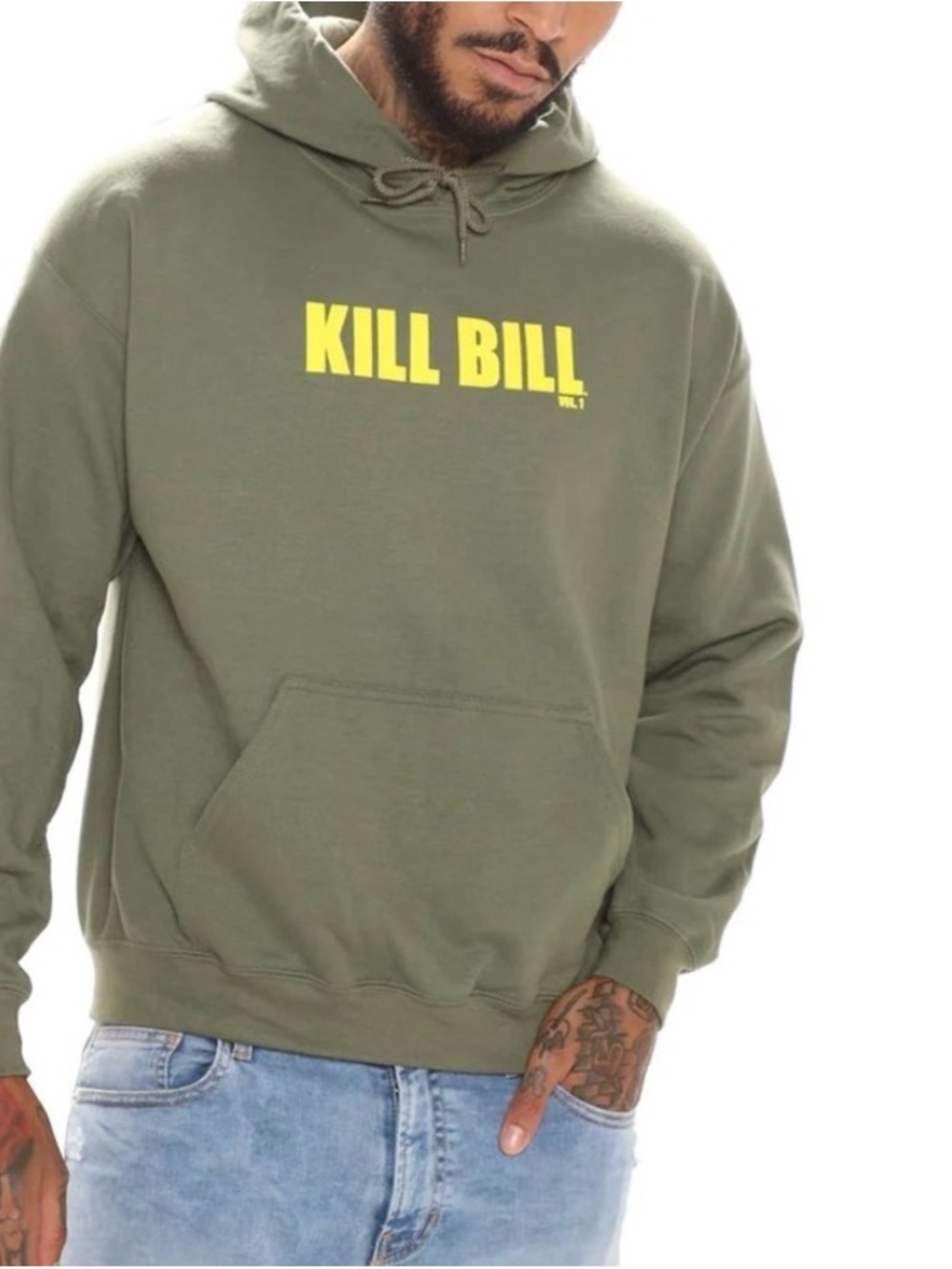NWT Fashion Nova Olive Green 'KILL BILL' Graphic Hoodie with Yellow Logo
